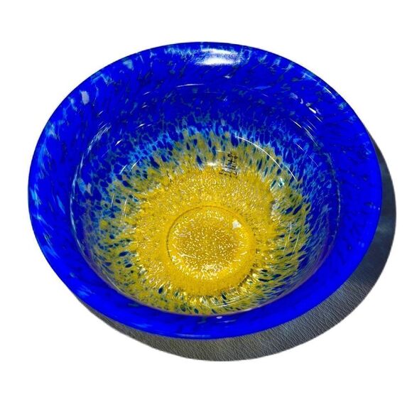 Skruf Sweden Vintage Handblown Confetti Blue and Yellow Glass Artisan Bowl - Picture 3 of 9